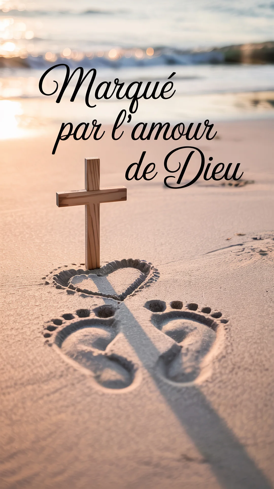 Une croix en bois est plantée sur une plage de sable fin, à côté d'empreintes de pieds de bébé et d'un cœur dessiné.