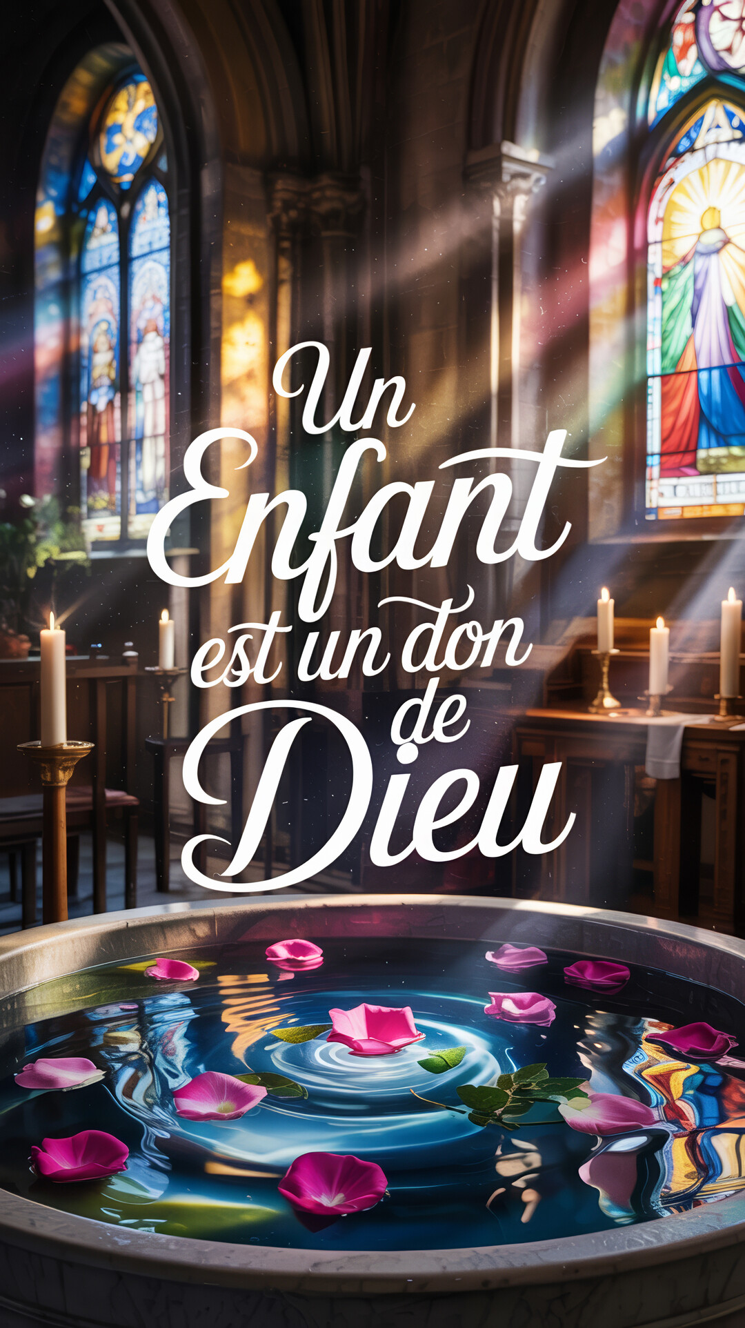 L'intérieur d'une église baignée de lumière, avec des fonts baptismaux au premier plan contenant des pétales de rose flottants sur l'eau.