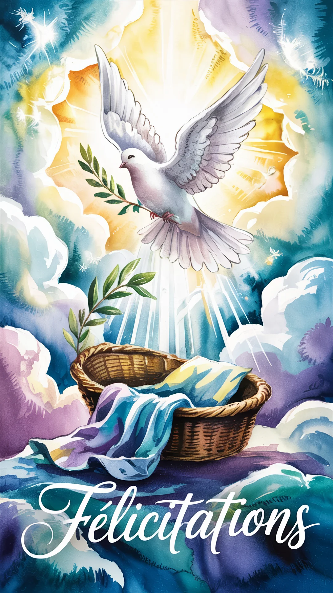 Une illustration à l'aquarelle d'une colombe blanche volant dans un ciel lumineux, tenant une branche d'olivier au-dessus d'un berceau vide.