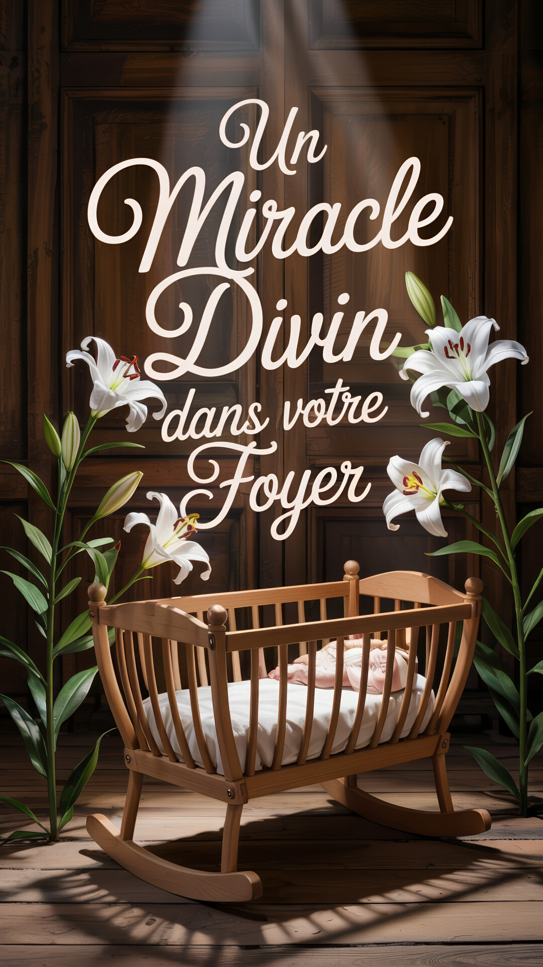 Un nouveau-né dort paisiblement dans un berceau à bascule en bois, flanqué de grands lys blancs, sous un faisceau de lumière céleste.