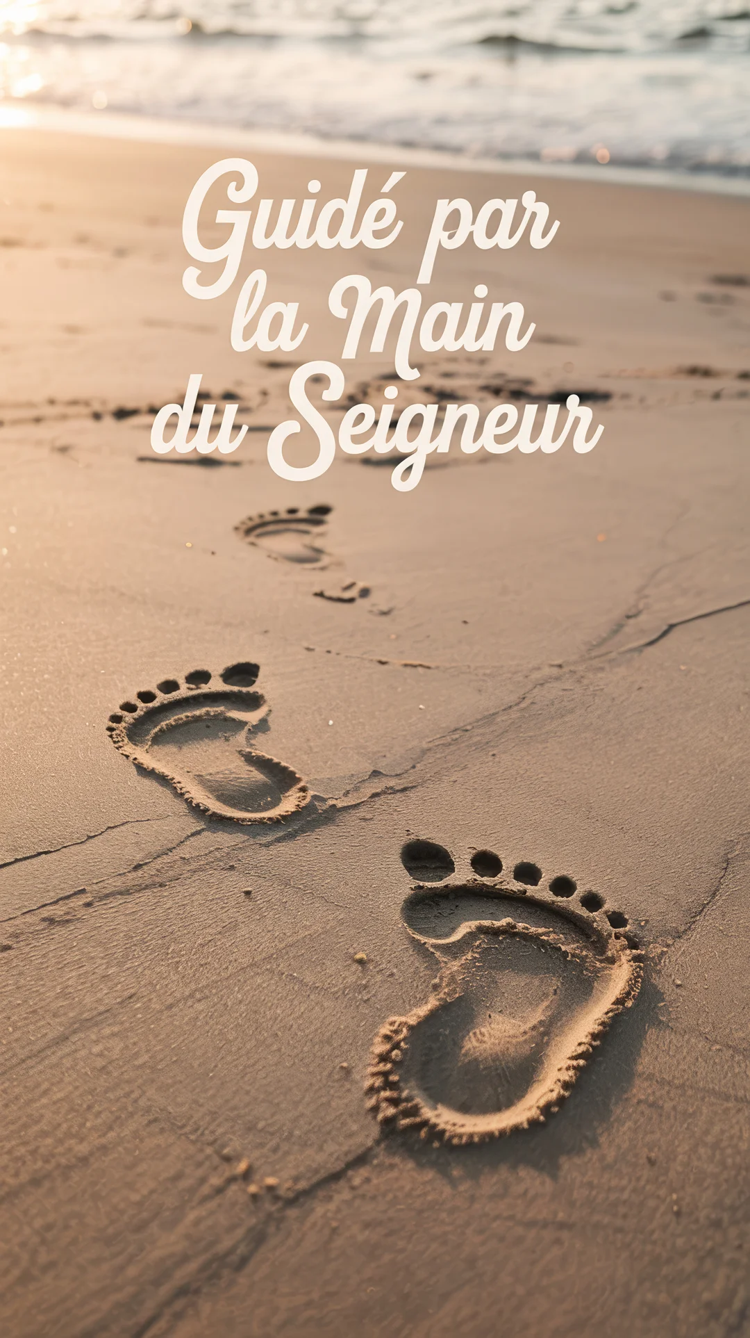 Une photographie de traces de pas sur le sable humide d'une plage, avec le texte superposé 'Guidé par la Main du Seigneur'.
