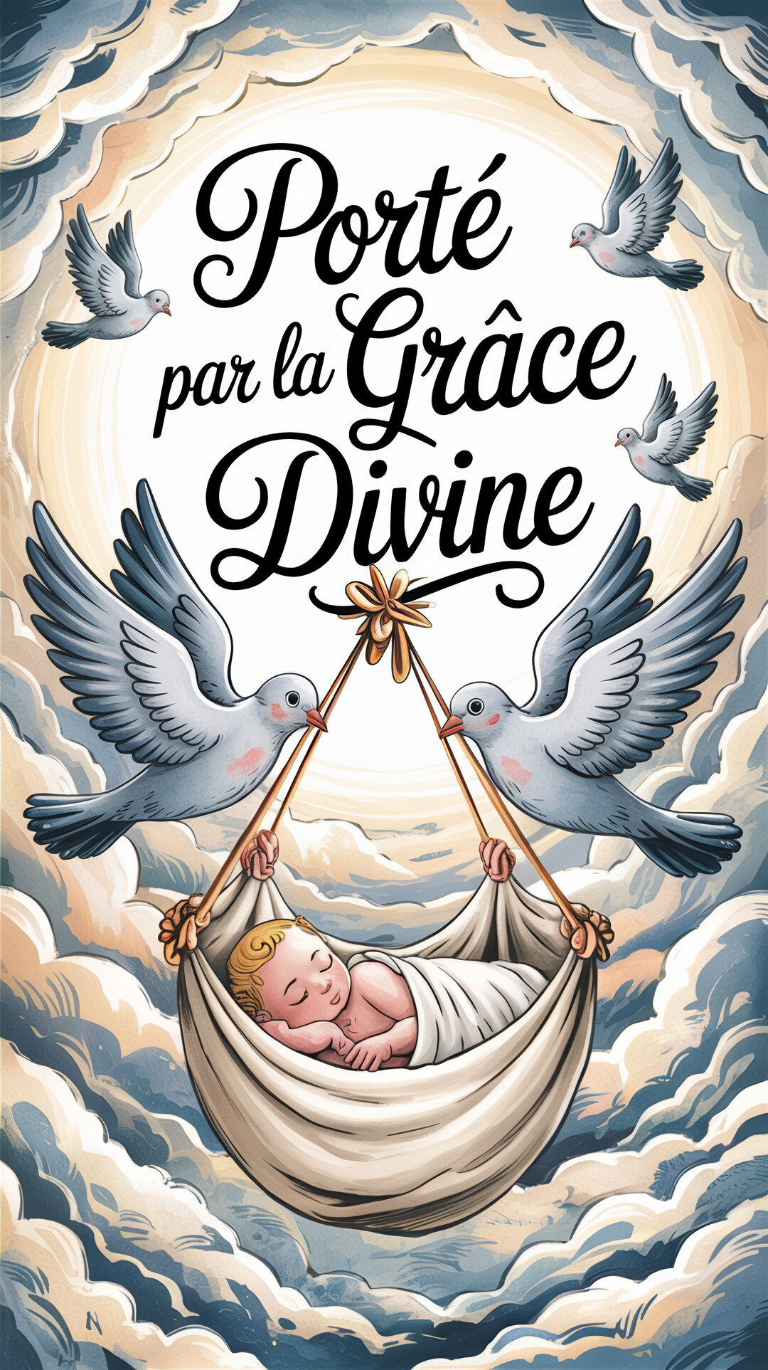 Un nouveau-né paisiblement endormi dans un linge est porté par deux colombes au milieu d'un ciel nuageux, sous une lumière céleste.