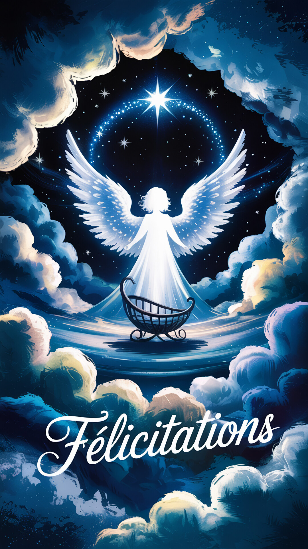 Un ange blanc lumineux, ailes ouvertes, se tient derrière un berceau vide sous un ciel nocturne étoilé et des nuages vaporeux.