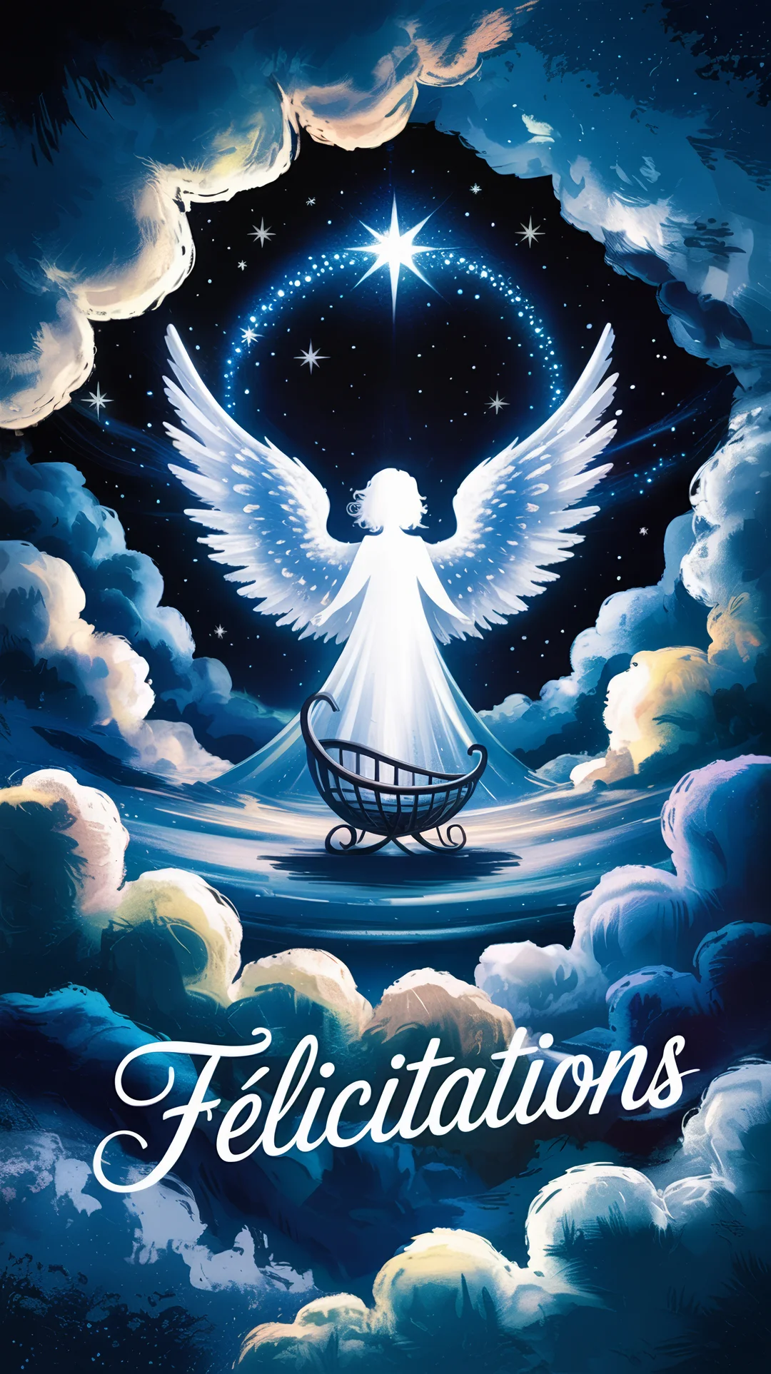 Un ange blanc lumineux, ailes ouvertes, se tient derrière un berceau vide sous un ciel nocturne étoilé et des nuages vaporeux.