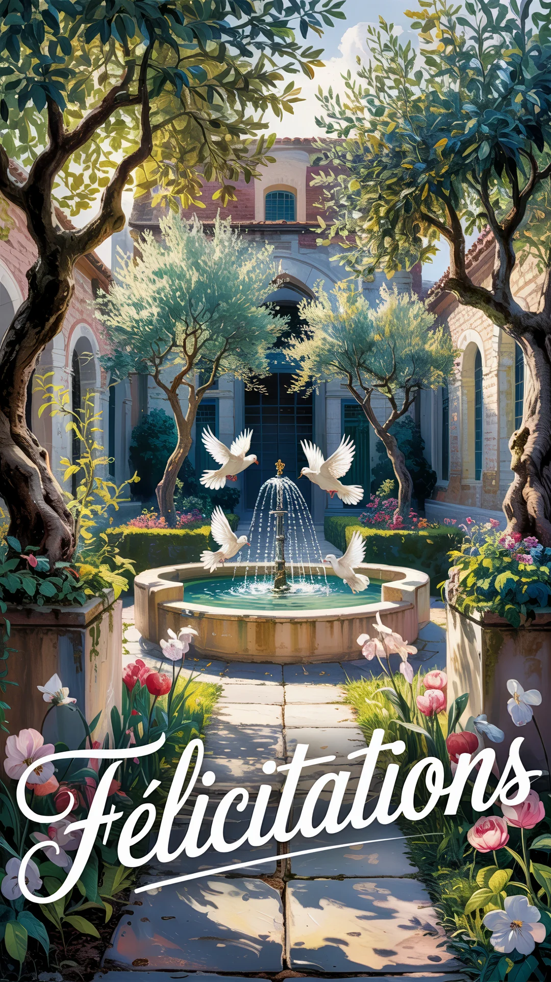 Une scène de peinture numérique montre une cour ensoleillée avec une fontaine, des oliviers et quatre colombes blanches volant au-dessus.