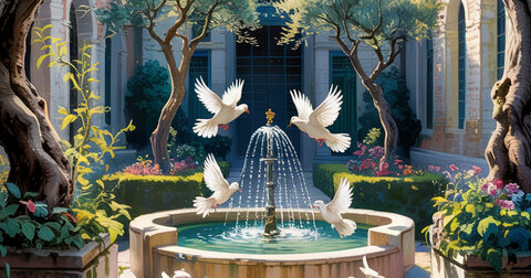 Carte de félicitations avec une illustration d'un jardin méditerranéen, une fontaine et quatre colombes blanches en vol.