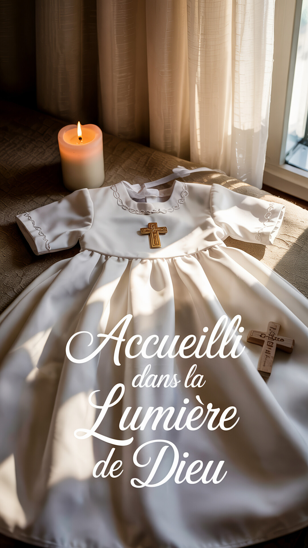 Une robe de baptême blanche est délicatement posée avec une croix dorée, illuminée par la lueur d'une bougie et la lumière du jour.