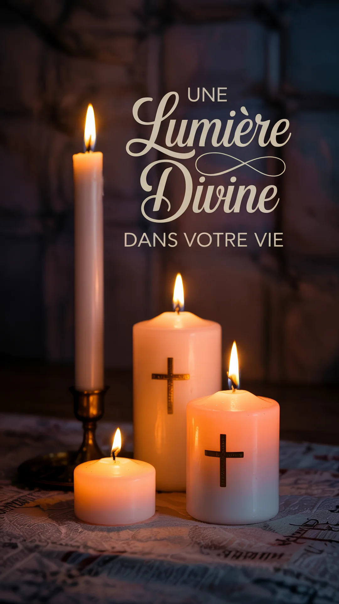 Dans une ambiance tamisée, plusieurs bougies allumées avec des croix chrétiennes diffusent une lueur chaleureuse sur une table nappée.