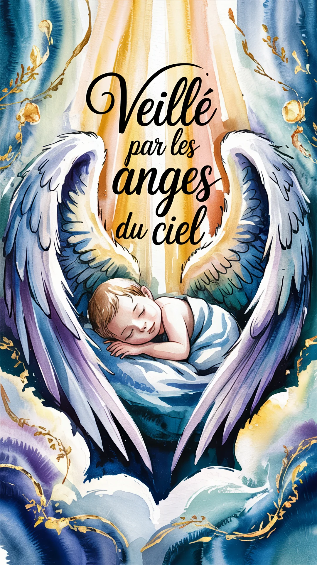 Illustration à l'aquarelle d'un bébé endormi, lové au creux d'immenses ailes d'ange, sous une lumière dorée et le texte 'Veillé par les anges du ciel'.