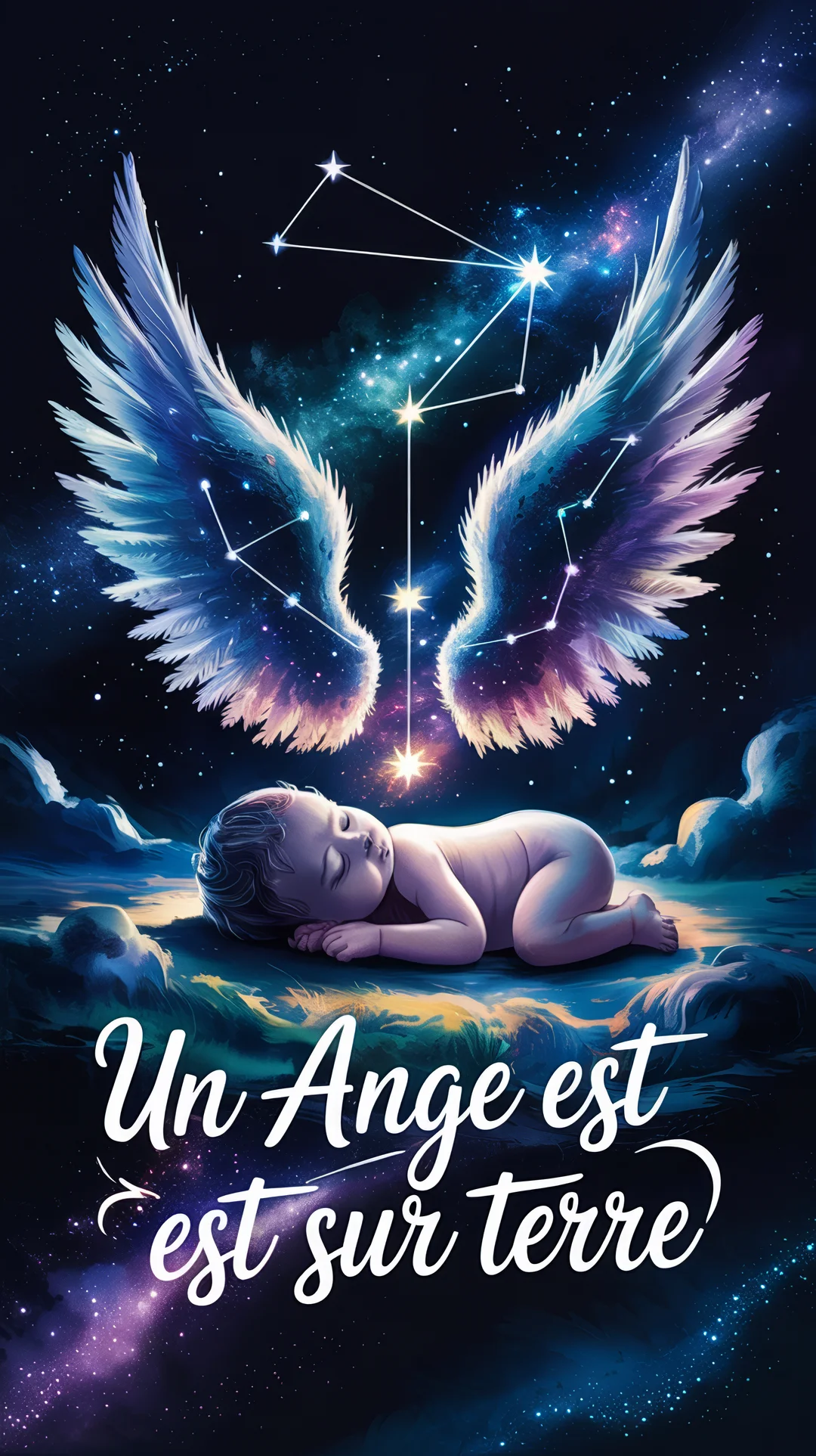 Un nouveau-né endormi est protégé par deux grandes ailes angéliques dessinées par les étoiles dans un ciel nocturne et cosmique.