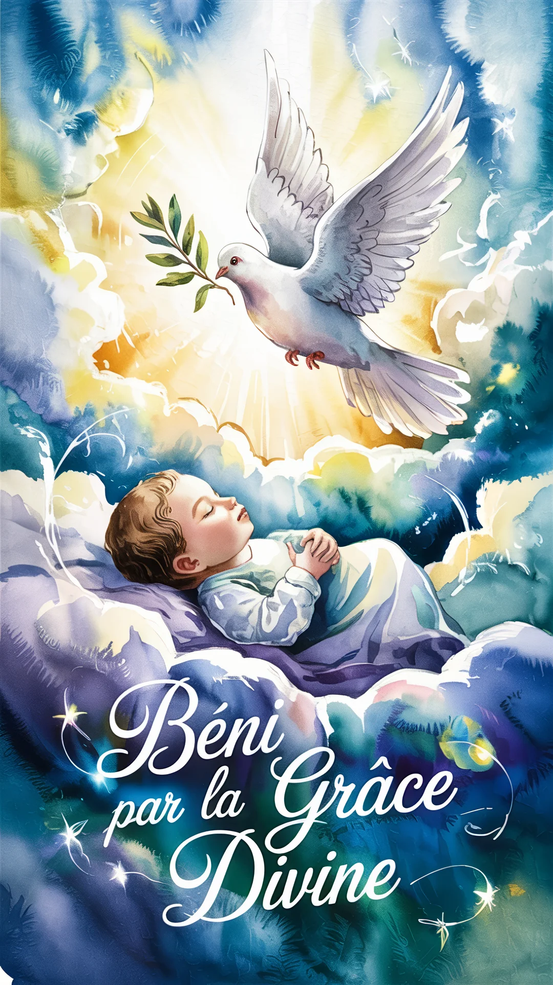 Un bébé endormi sur des nuages est survolé par une colombe blanche qui apporte un rameau d'olivier dans un ciel lumineux.