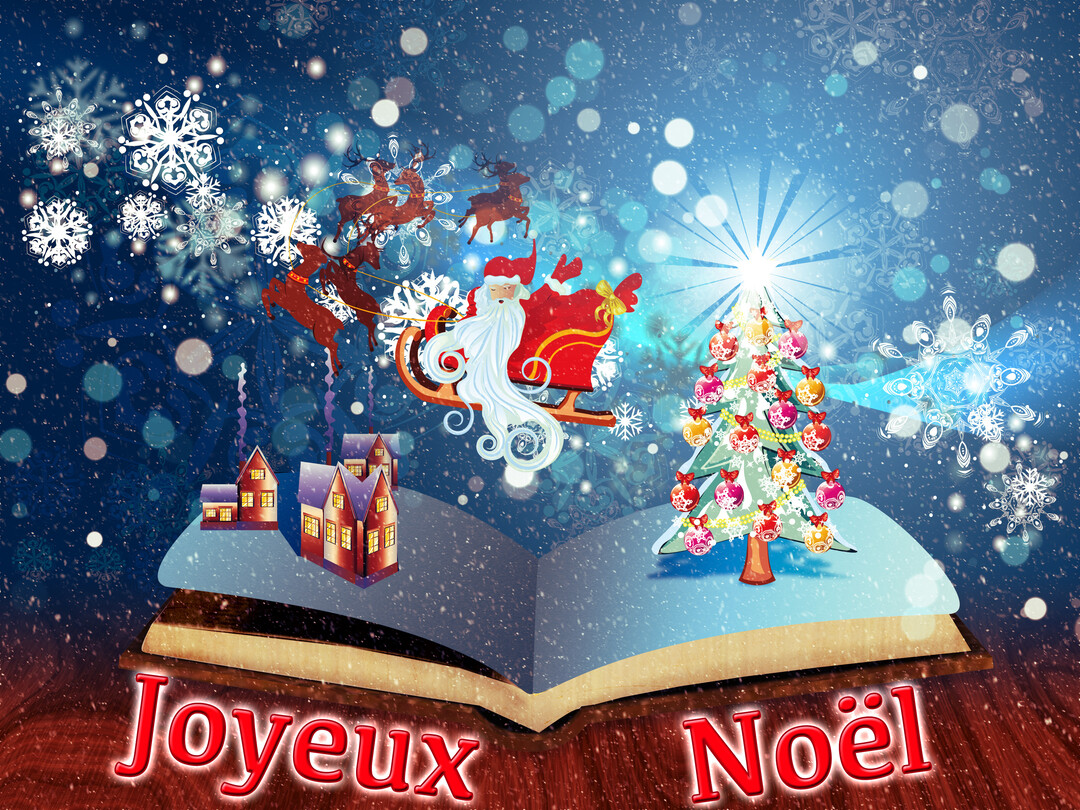 Une scène de Noël sort d'un livre ouvert, montrant le Père Noël volant en traîneau au-dessus d'un village et d'un sapin illuminé.
