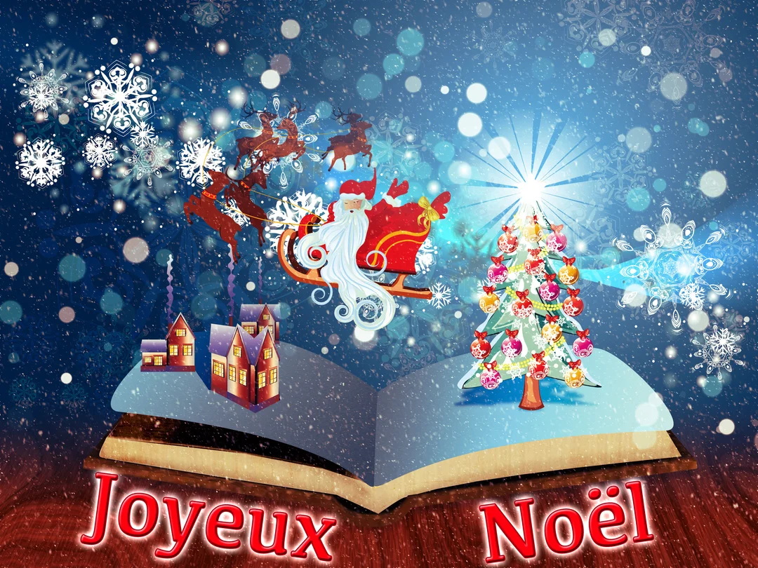 Une scène de Noël sort d'un livre ouvert, montrant le Père Noël volant en traîneau au-dessus d'un village et d'un sapin illuminé.