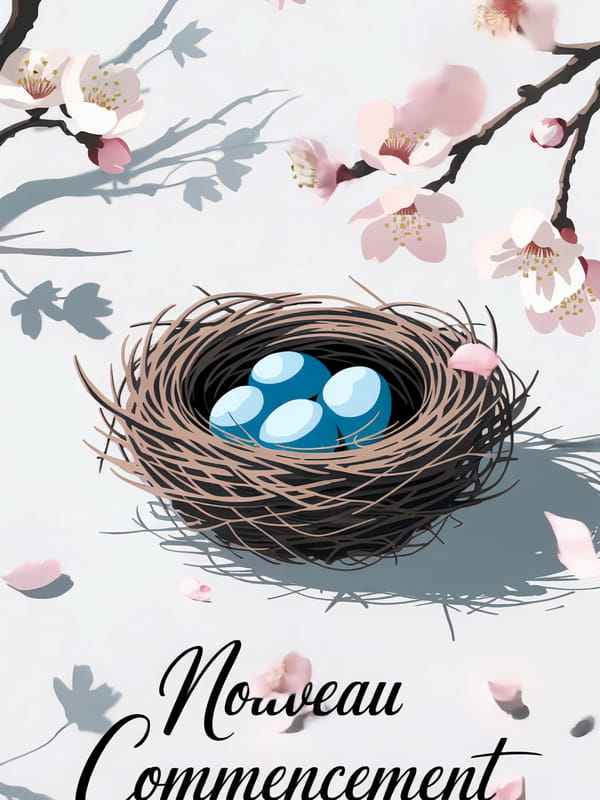 Carte d'annonce de grossesse avec l'inscription 'Nouveau Commencement', illustrant un nid avec des œufs bleus sous des fleurs de cerisier roses.
