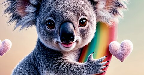 Carte de félicitations illustrée avec un bébé koala gris et mignon, s'agrippant à un arc-en-ciel coloré, entouré de cœurs roses.