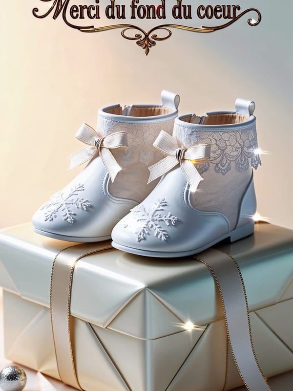 Carte de remerciements de naissance avec des chaussons de bébé blancs posés sur un cadeau. Texte 'Merci du fond du coeur'.