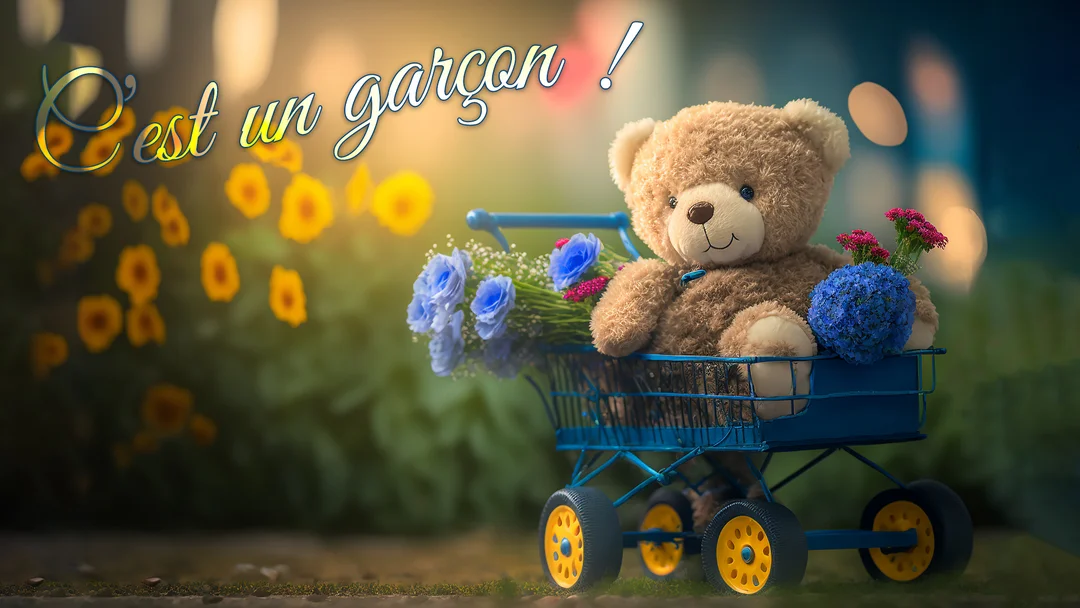 Un ours en peluche souriant est assis dans un chariot de courses bleu miniature, entouré de bouquets de fleurs, dans un jardin lumineux.