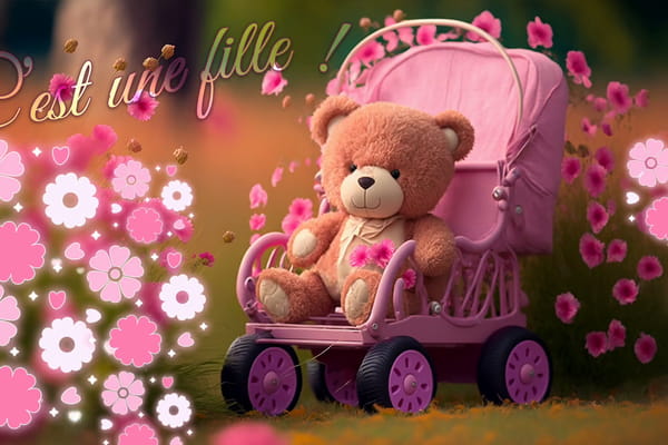 Carte d'annonce de naissance : un ours en peluche marron est assis dans une poussette rose, entouré de fleurs et du texte "C'est une fille !".