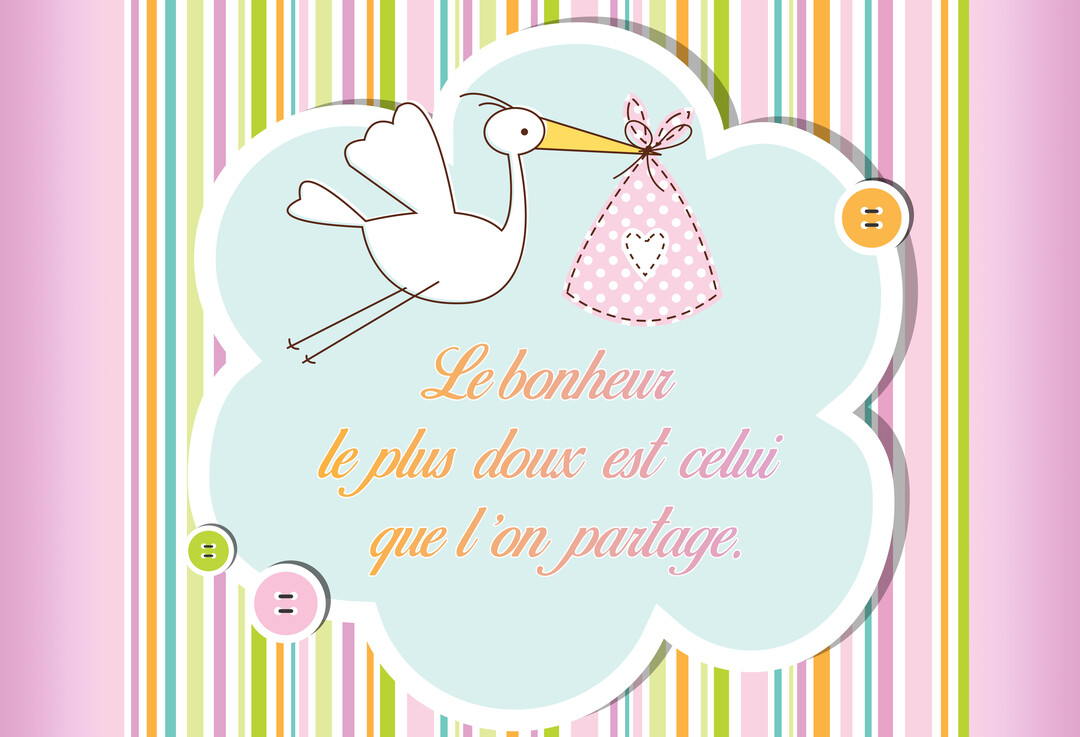 Une cigogne de style enfantin vole en portant un baluchon rose à pois, sur un fond de rayures pastel colorées et un message.