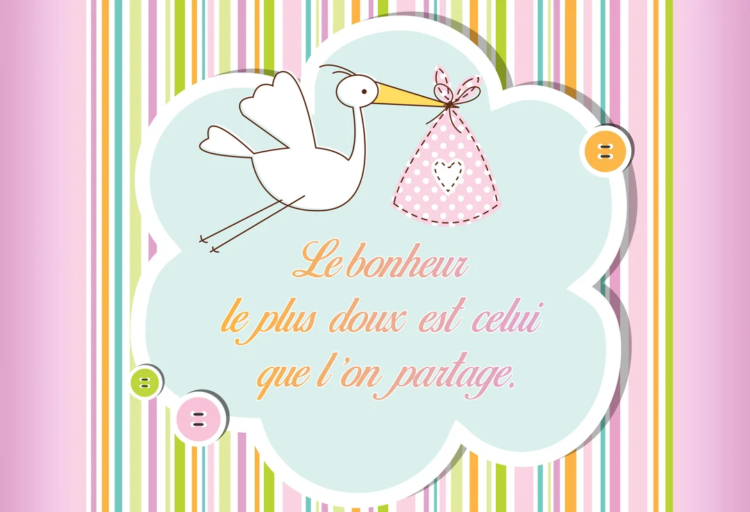 Une cigogne de style enfantin vole en portant un baluchon rose à pois, sur un fond de rayures pastel colorées et un message.