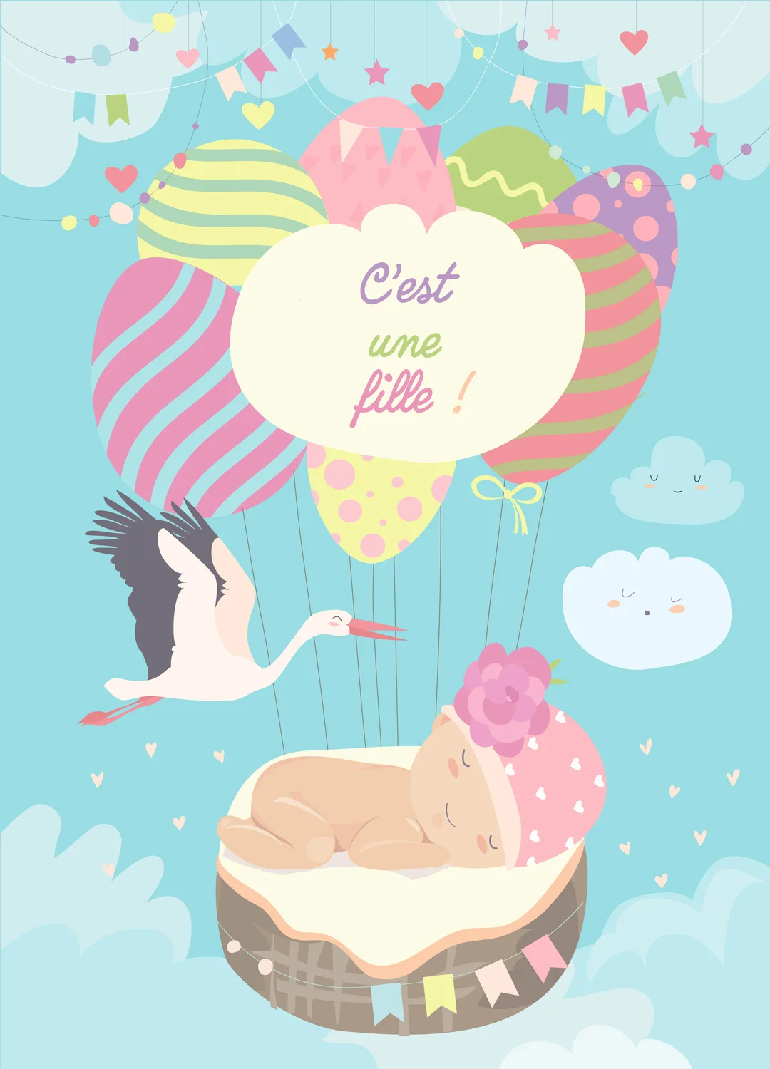 Un bébé fille dort paisiblement dans un panier suspendu à des ballons, tandis qu'une cigogne vole à côté sous un ciel bleu.
