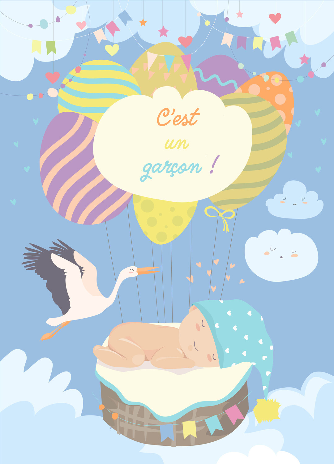 Un bébé garçon coiffé d'un bonnet de nuit dort dans un panier flottant sous des ballons, accompagné d'une cigogne dans un ciel bleu.