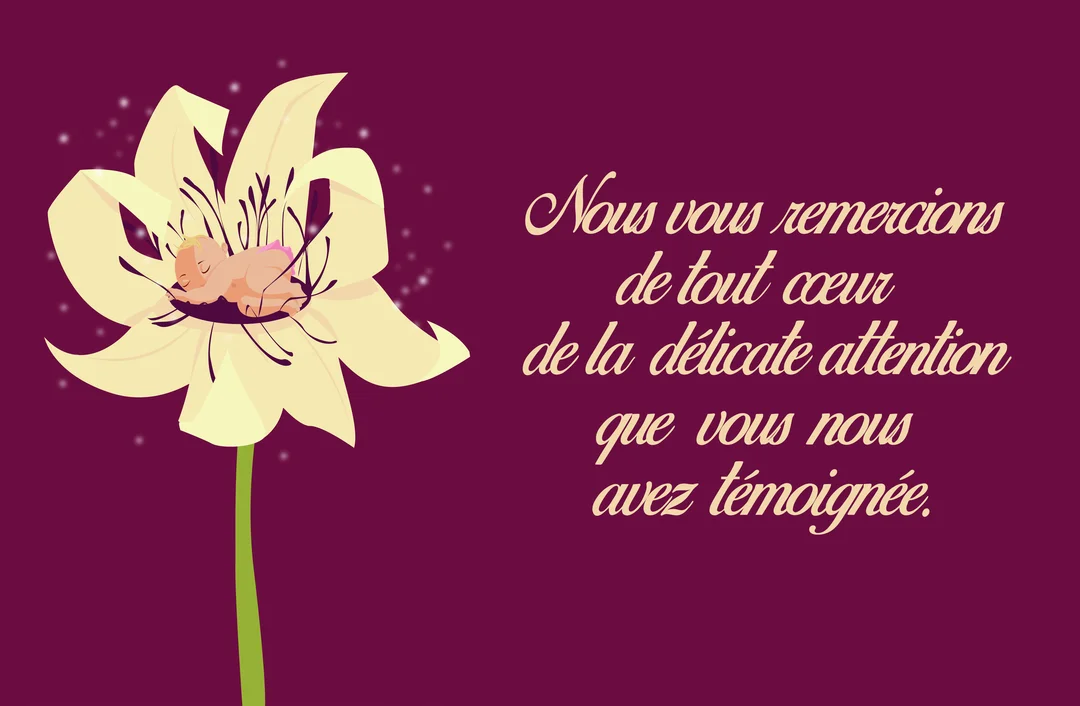 Une illustration poétique montre un nouveau-né dormant dans le calice d'une grande fleur jaune pâle, sur un fond de couleur prune avec des étincelles.