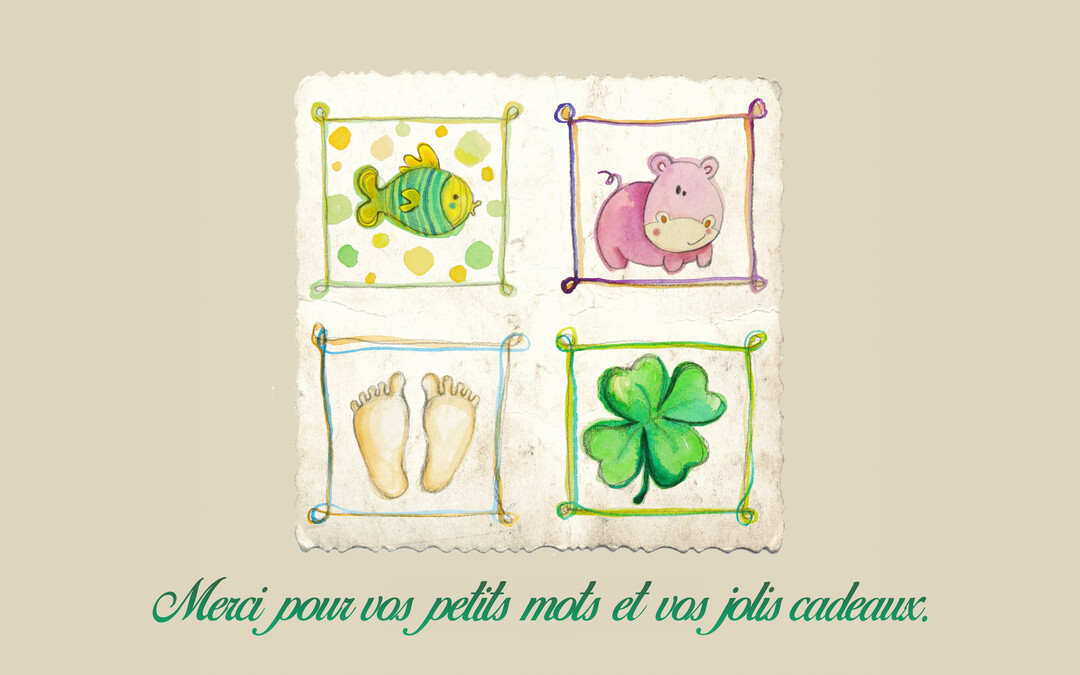 Une carte de remerciement pour une naissance, composée de quatre dessins à l'aquarelle de style enfantin sur un fond beige texturé.