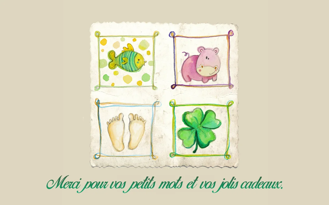 Une carte de remerciement pour une naissance, composée de quatre dessins à l'aquarelle de style enfantin sur un fond beige texturé.
