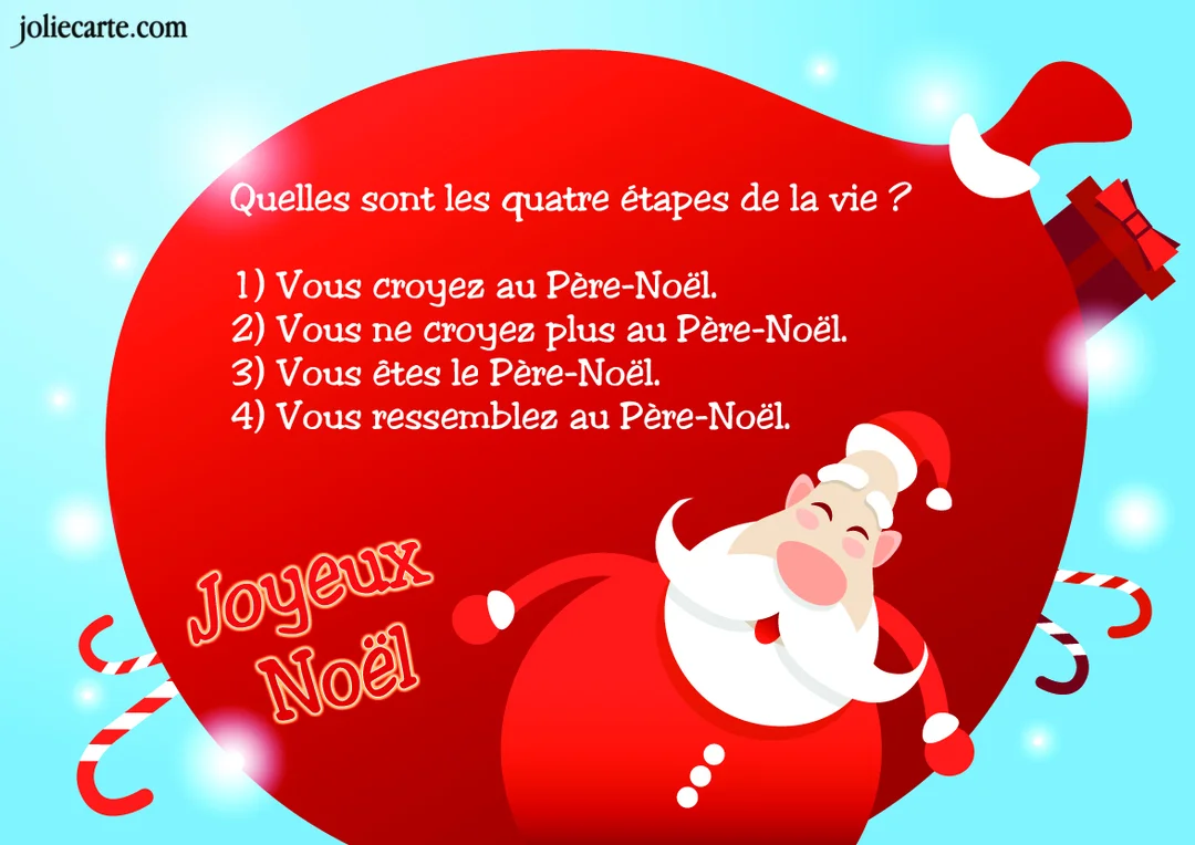 Un Père-Noël de dessin animé, souriant, se tient devant une grande forme rouge portant un texte humoristique sur fond bleu ciel.