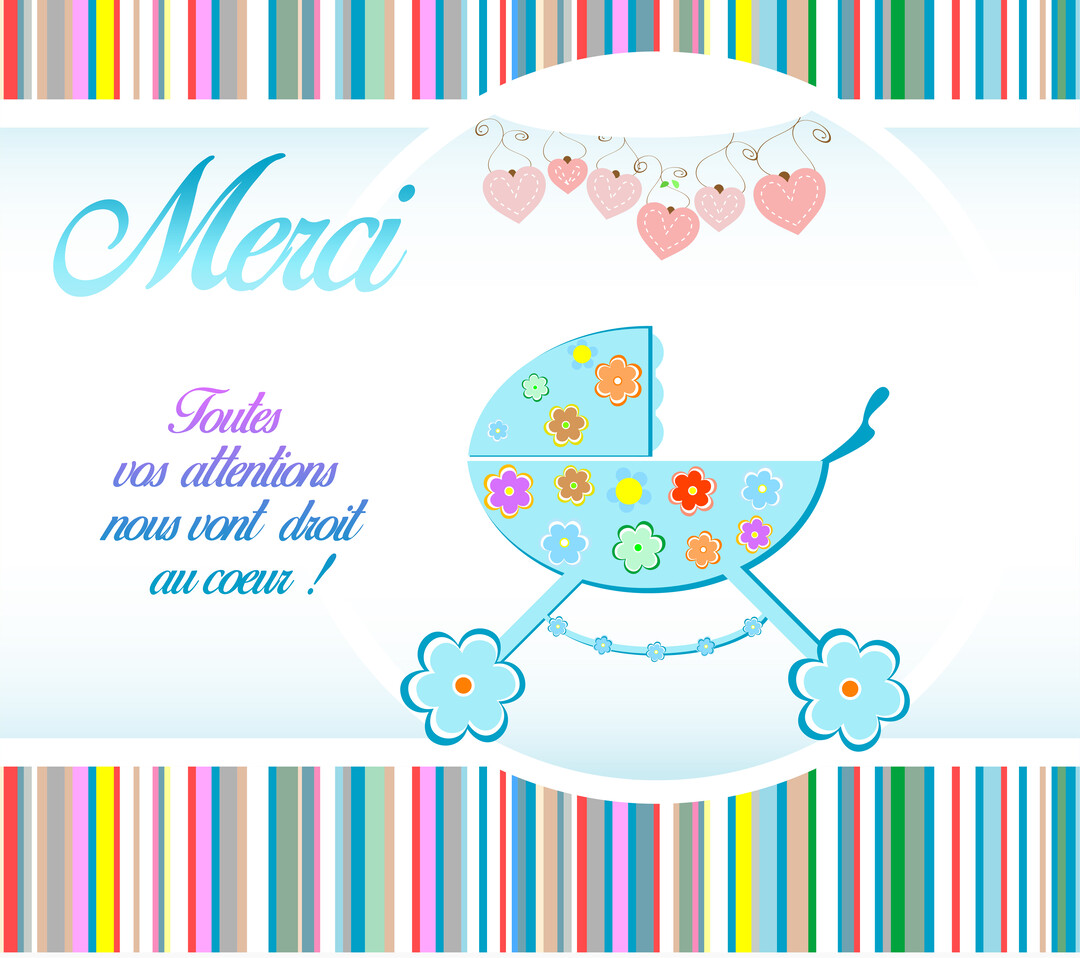 Une carte de remerciements pour une naissance illustrant un landau bleu fleuri sous une guirlande de cœurs, sur un fond blanc et rayé.