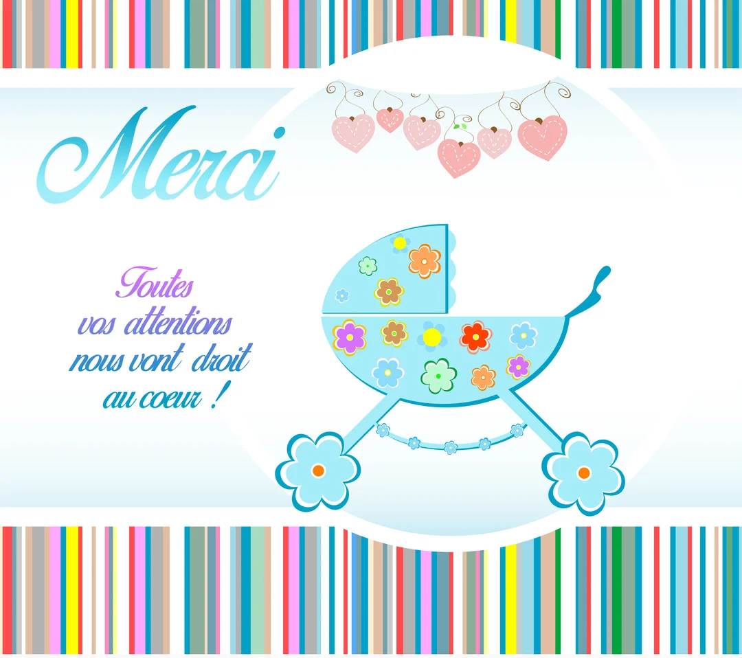 Une carte de remerciements pour une naissance illustrant un landau bleu fleuri sous une guirlande de cœurs, sur un fond blanc et rayé.