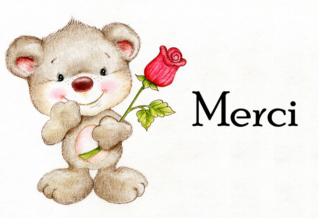 Une illustration au style enfantin montre un adorable ourson brun souriant, tenant une rose rouge, avec le mot 'Merci' écrit à côté.