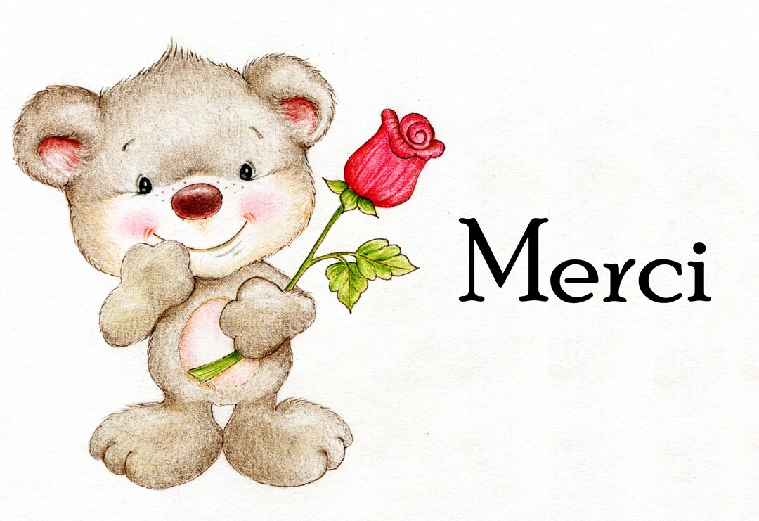 Une illustration au style enfantin montre un adorable ourson brun souriant, tenant une rose rouge, avec le mot 'Merci' écrit à cÎté.