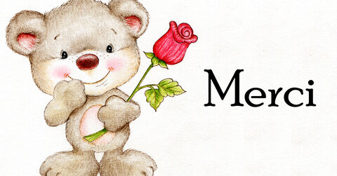 Carte de remerciements pour une naissance avec le dessin d'un ourson marron timide qui offre une rose rouge. Le mot 'Merci' est écrit à droite.