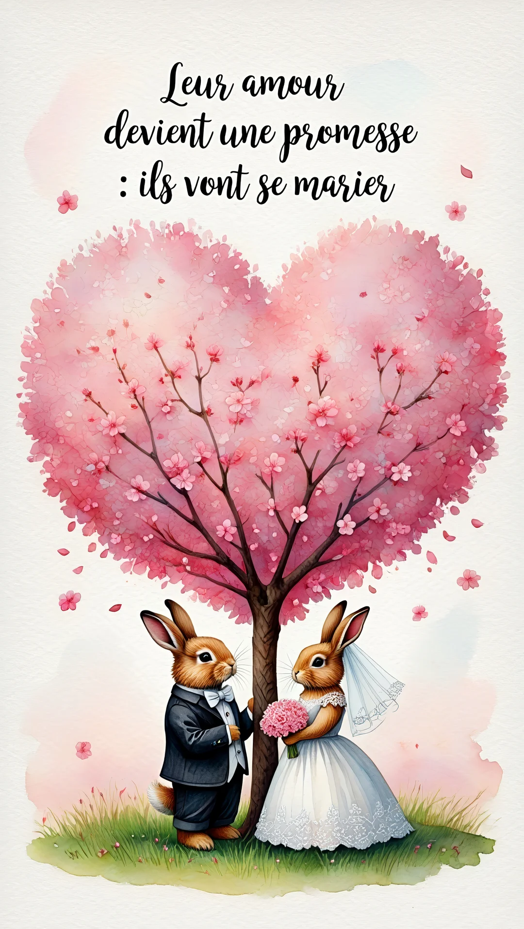 Un couple de lapins mariés, elle en robe blanche et lui en costume, se tient amoureusement sous un grand cerisier rose en forme de cœur.
