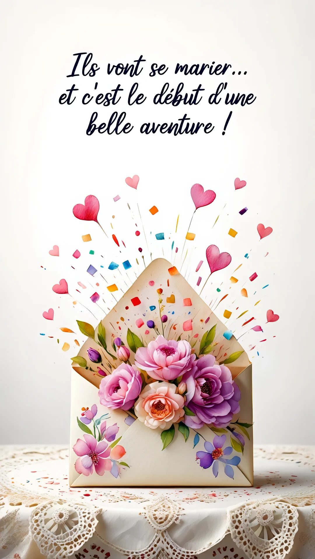 Une enveloppe crème posée sur un napperon en dentelle, débordant d'un bouquet de fleurs aquarelle, de confettis multicolores et de cœurs roses.