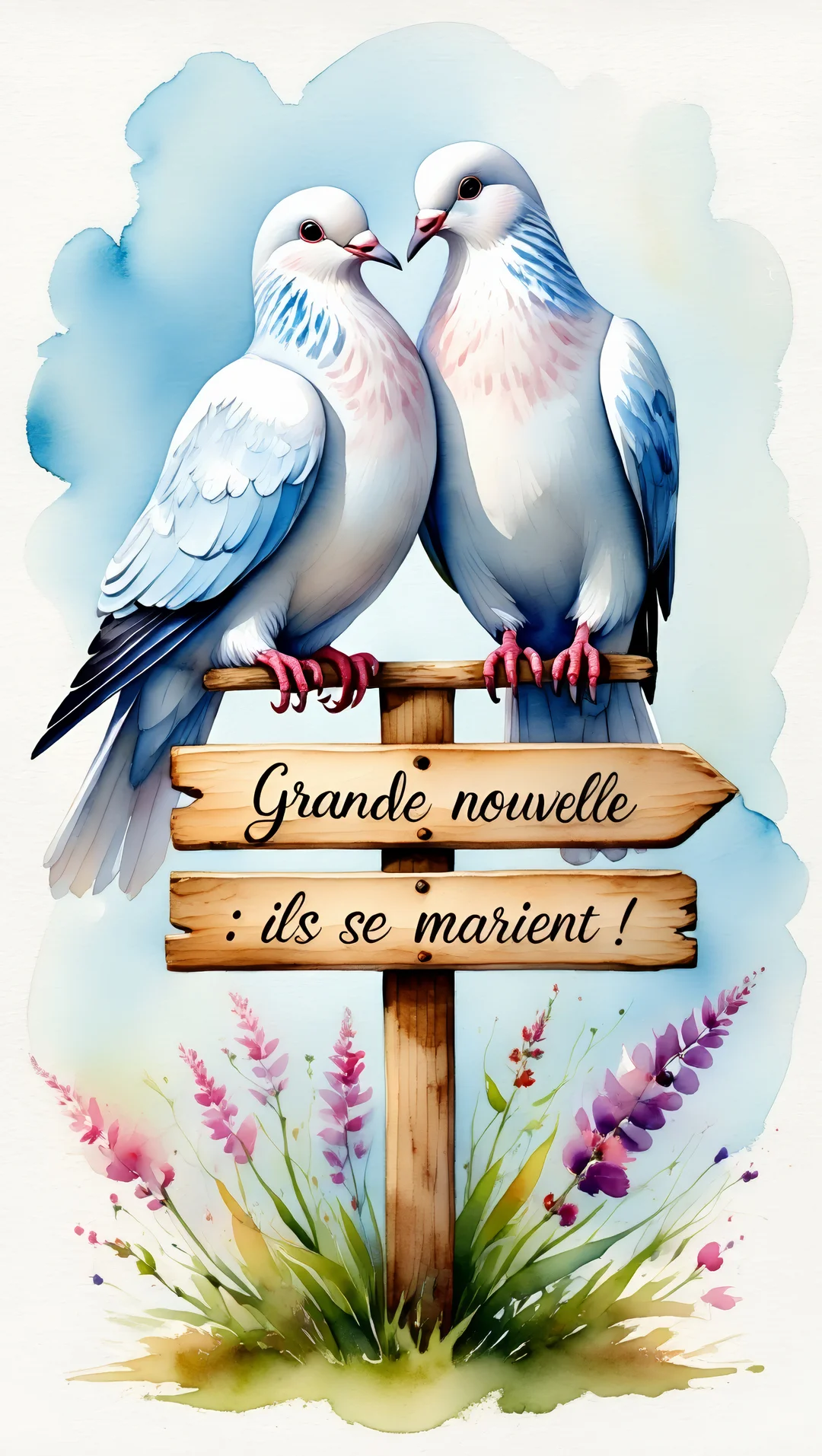 Deux colombes blanches amoureuses sont posées sur une pancarte en bois qui annonce un mariage, dans un style aquarelle doux et coloré.