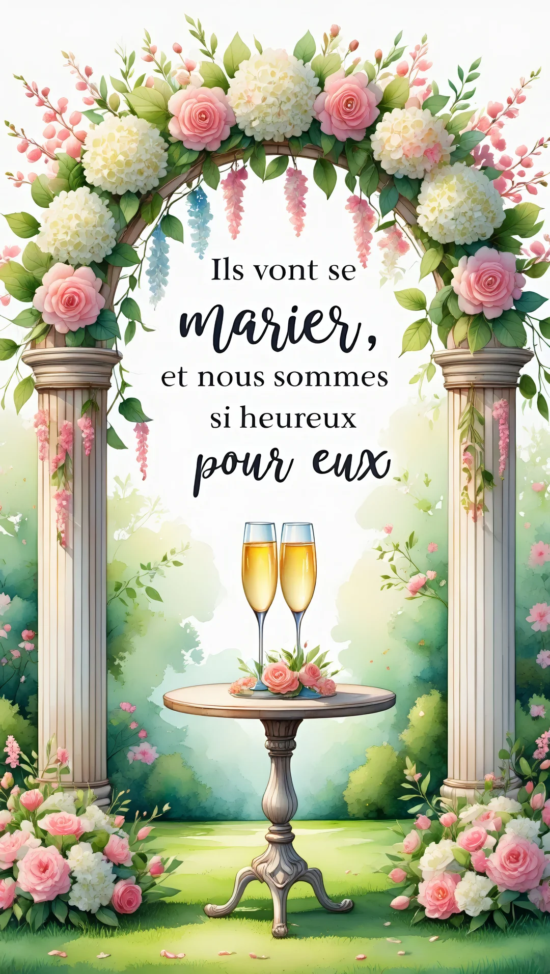 Une scène de jardin romantique avec une arche de fleurs roses et blanches encadrant deux flûtes de champagne posées sur une table.