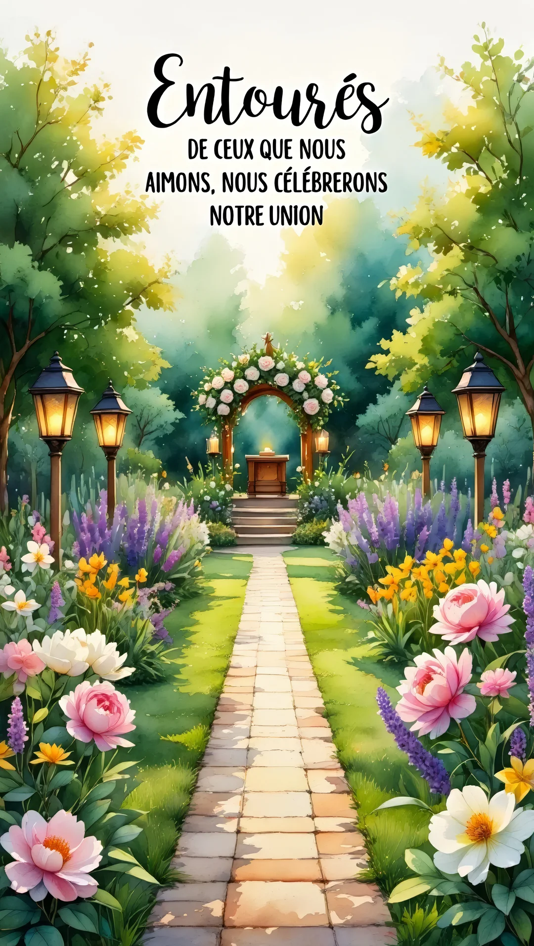 Une illustration de style aquarelle montre une allée de jardin pavée et fleurie qui conduit à un autel de mariage sous une arche.