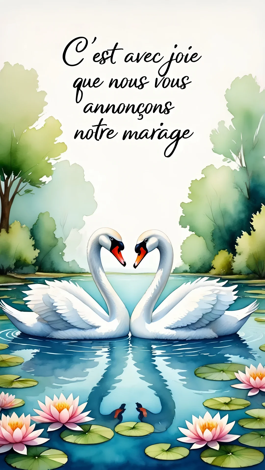 Deux cygnes blancs se font face sur un lac parsemé de nénuphars, leurs cous formant un cœur sous un texte calligraphié annonçant un mariage.