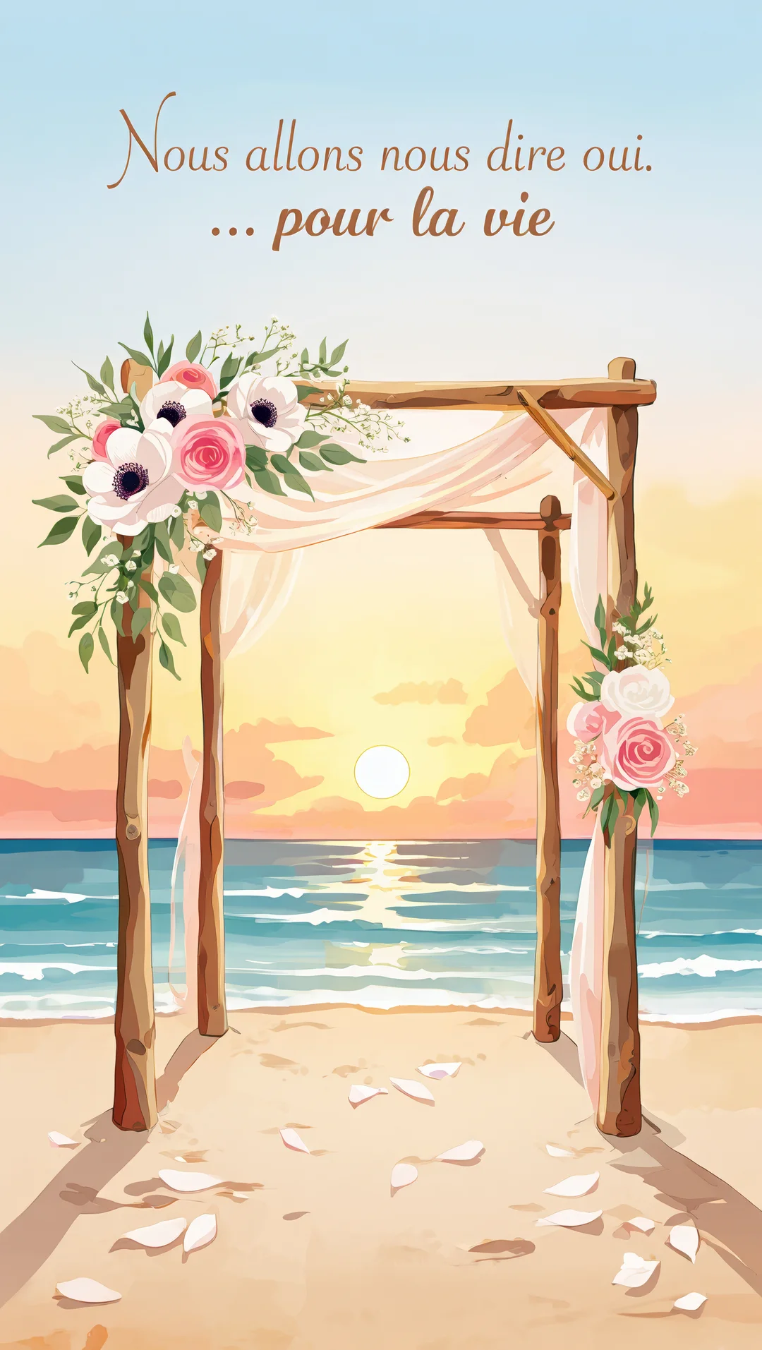 Une arche de mariage en bois, décorée de fleurs roses et blanches, est dressée sur une plage face à un coucher de soleil sur l'océan.