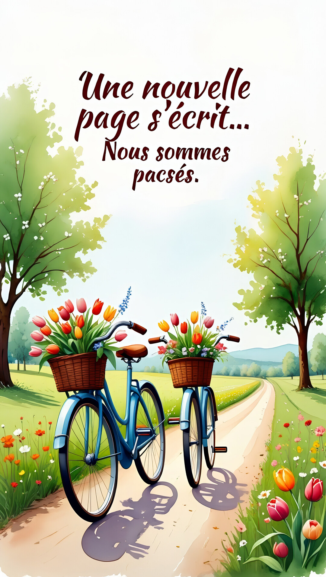 Deux vélos côte à côte sur un sentier de campagne fleuri, avec des paniers pleins de tulipes colorées, sous un ciel clair et ensoleillé.