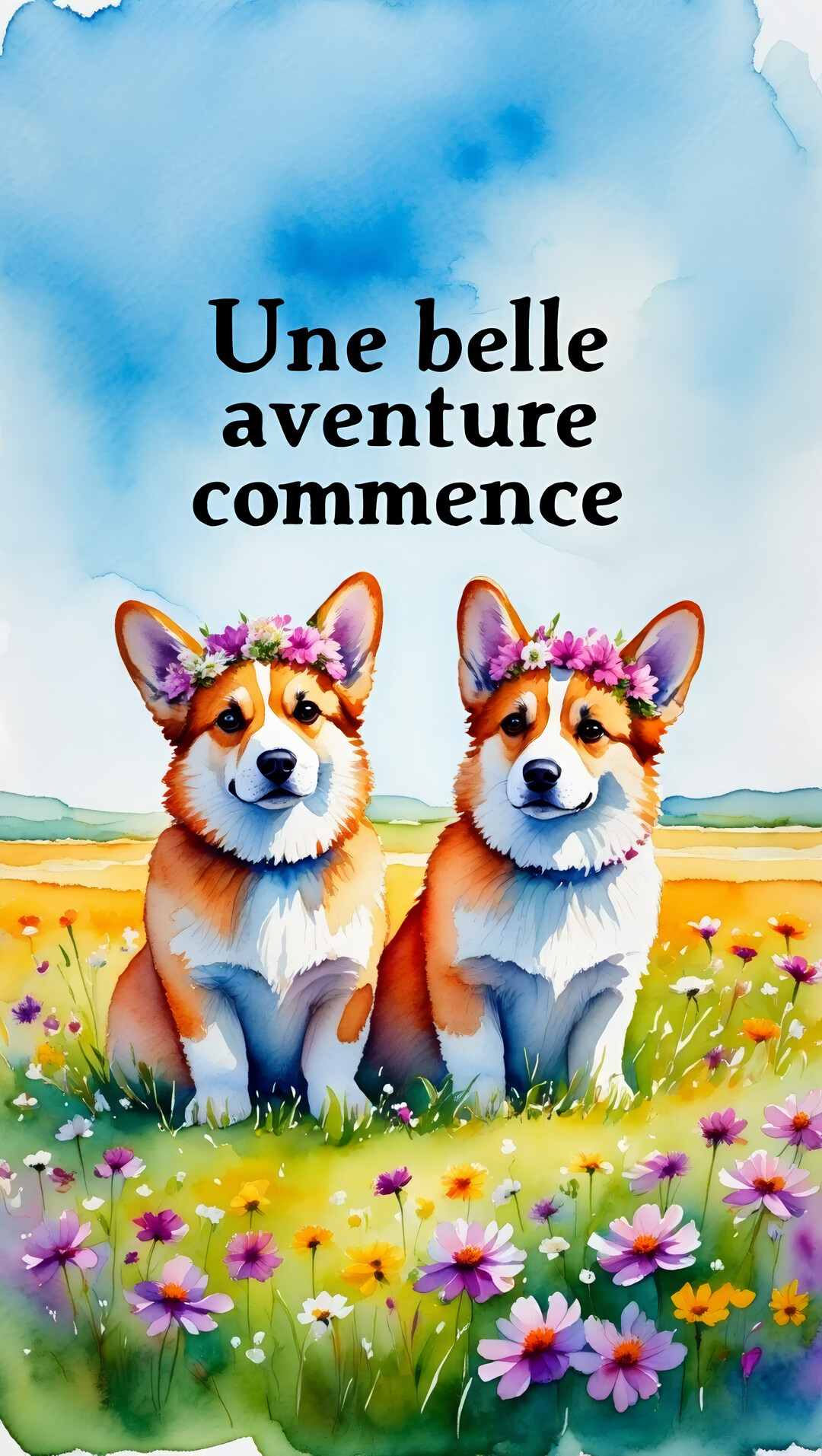 Une illustration à l'aquarelle de deux chiens corgis souriants avec des couronnes de fleurs, assis côte à côte dans une prairie fleurie.