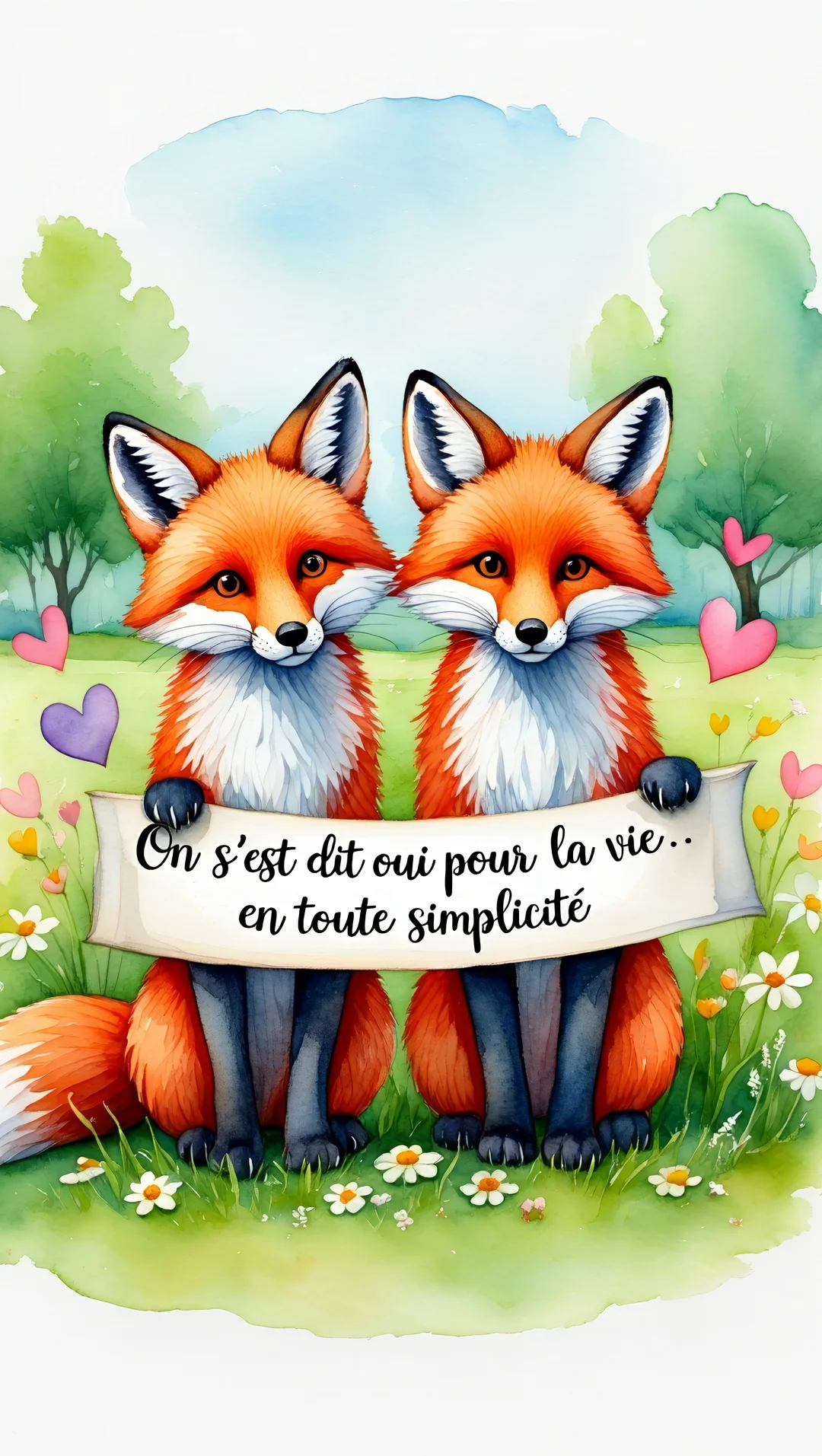 Deux adorables renards style aquarelle sont assis côte à côte dans l'herbe et tiennent une bannière annonçant leur union civile avec simplicité.