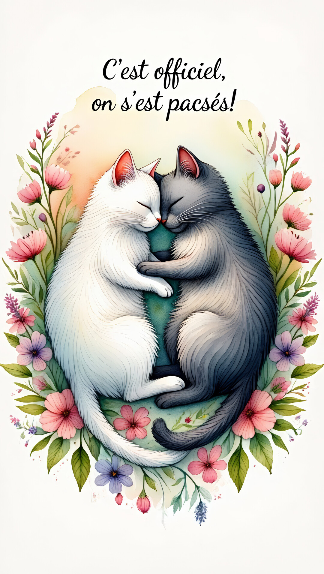 Deux chats, un blanc et un gris, dorment blottis l'un contre l'autre, entourés d'une guirlande de fleurs colorées sur fond blanc.