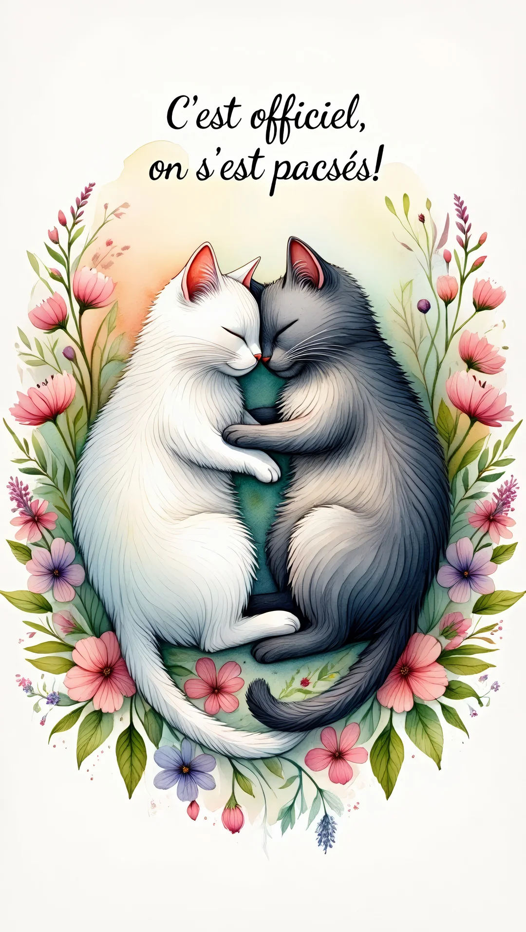 Deux chats, un blanc et un gris, dorment blottis l'un contre l'autre, entourés d'une guirlande de fleurs colorées sur fond blanc.