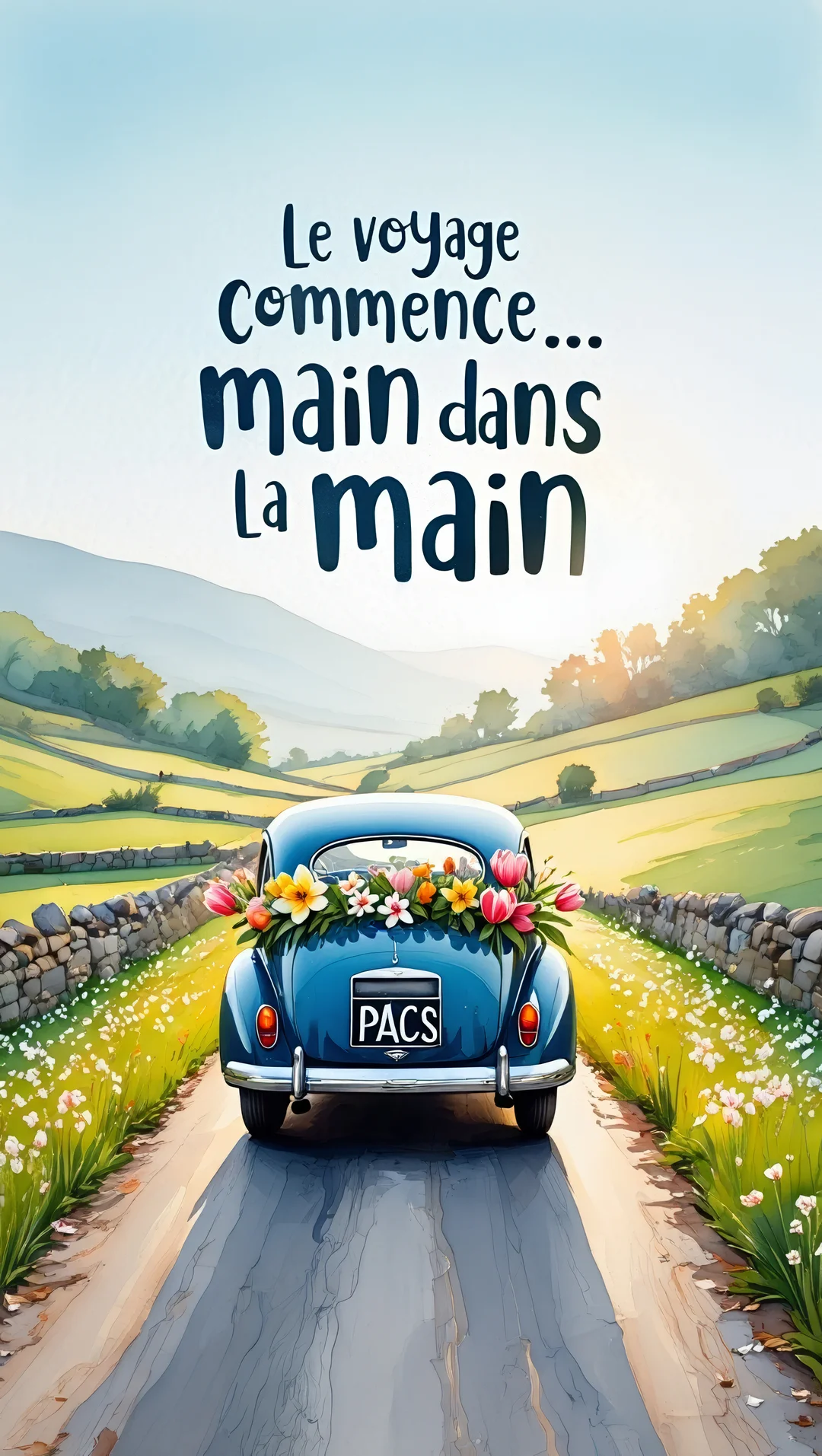 Vue de dos d'une voiture bleue de style coccinelle, ornée de fleurs, s'éloignant sur une route de campagne vallonnée et verdoyante.