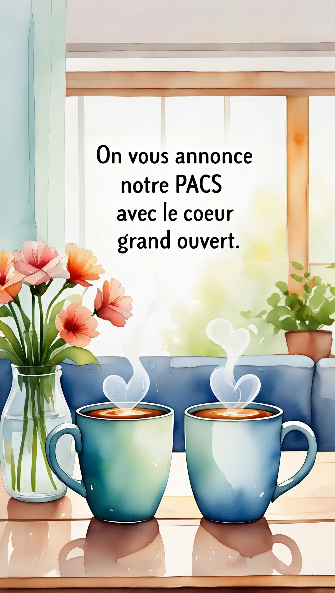 Une illustration à l'aquarelle de deux tasses de café fumantes dont la vapeur forme des cœurs, posées près d'un bouquet de fleurs roses.