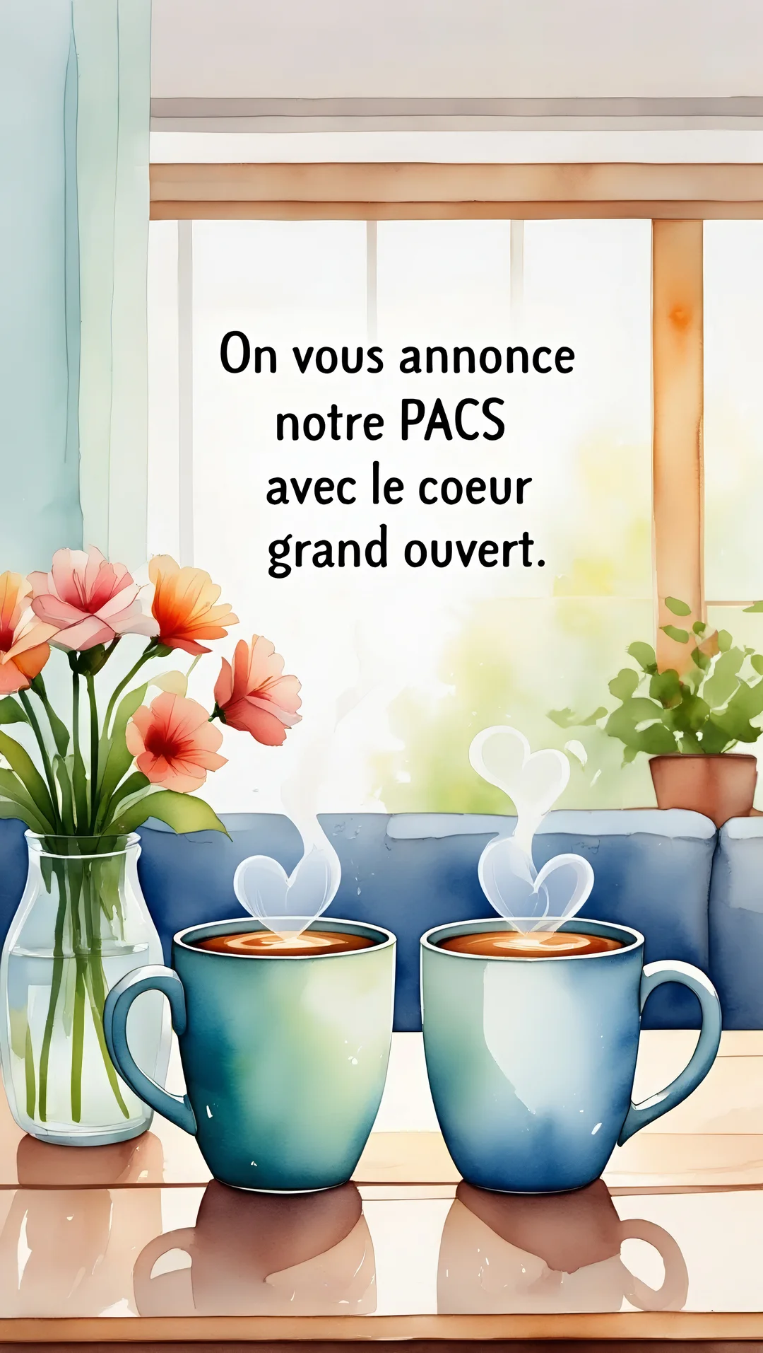 Une illustration à l'aquarelle de deux tasses de café fumantes dont la vapeur forme des cœurs, posées près d'un bouquet de fleurs roses.